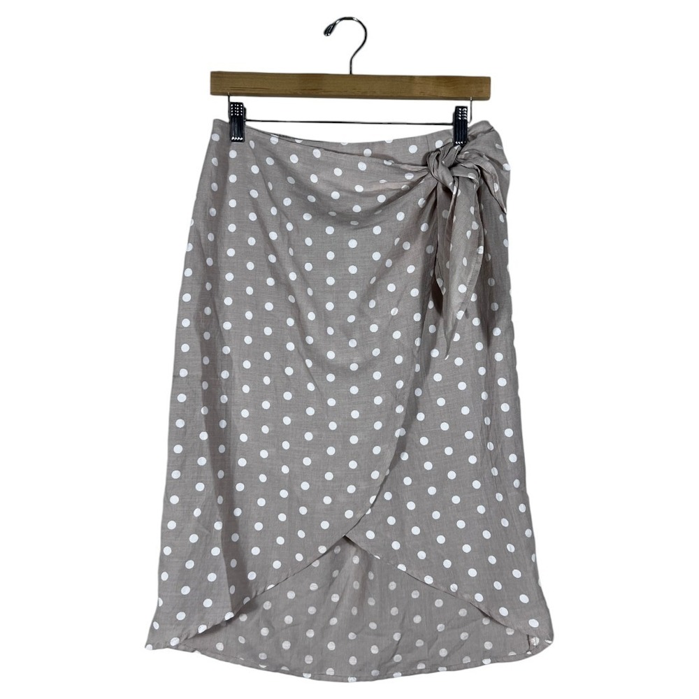 Everly Wrap Tulip Polka Dot Midi Skirt Taupe White Retro Feminine Size M